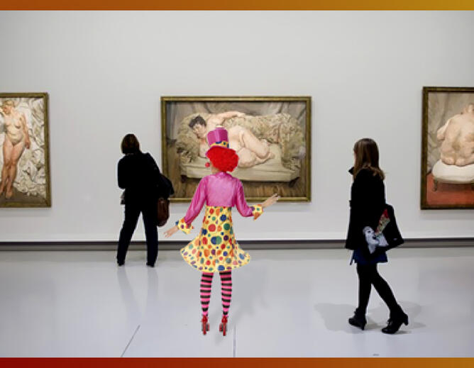 Visitors walk near paintings by Lucian Freud in a gallery room at the Centre Pompidou Contemporary Art Museum in Paris