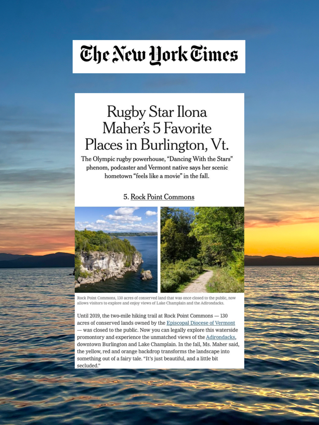 News clipping of the New York Times article set on a backdrop of a Lake Champlain sunset