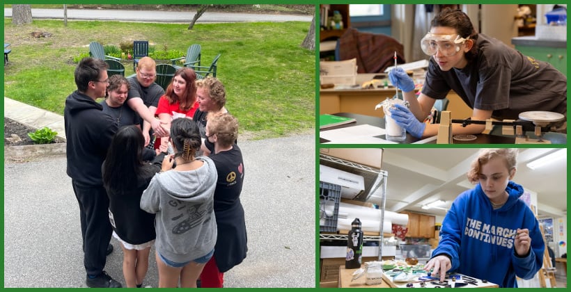 Collage of three photos: one group of students participating in a group game, one student in chemistry lab, and one student working on a mosaic in art class