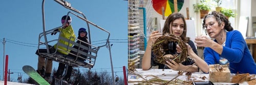 Two photo montage. Left photo shows two students on a ski lift. Right photo shows a student and the Rock Point School art teacher working on a project