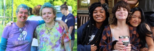 Left photo: RPS teacher and student pose together with their arms over each others shoulders. Right photo: 3 female students pose together at RPS