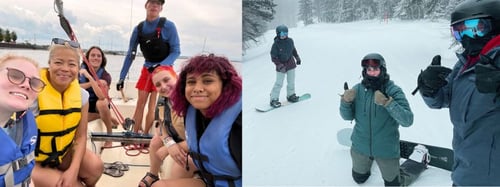 A two picture montage of students and staff doing summer and winter activities. The left picture depicts a group of students on a boat. The right picture depicts students snowboarding.