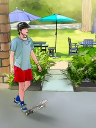 Graphic Novel style picture, of a boy skateboarding in front of Rock Point School during Summer Session