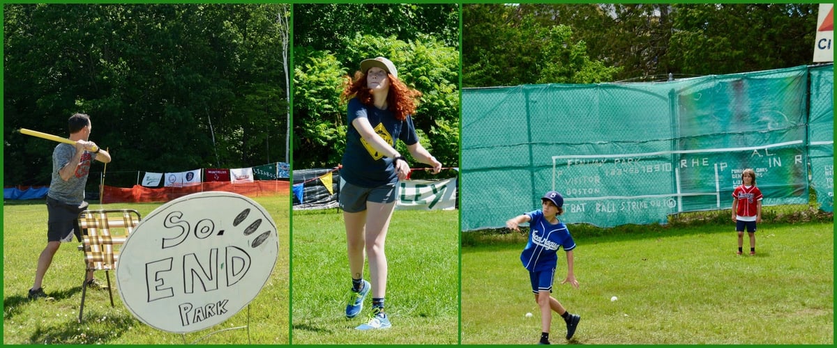 A collage of 3 photos. Each photo depicts a different Wiffle Fest player playing wiffle ball. 