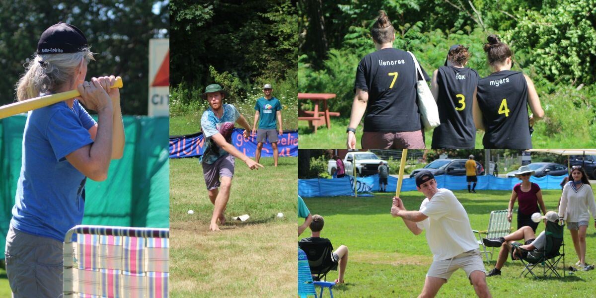 Montage of 4 images from the 2024 Wiffle Fest at Rock Point School in Burlington, VT. Images show people hitting, pitching, and attending the event.