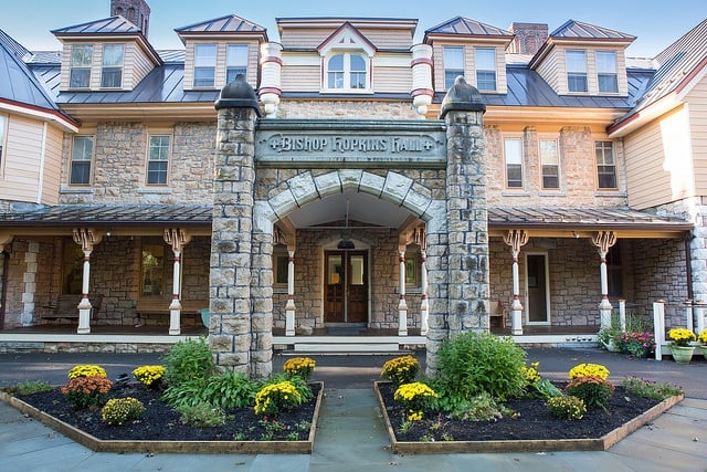 front of the Rock Point School building looking between the arches at the front entrance.