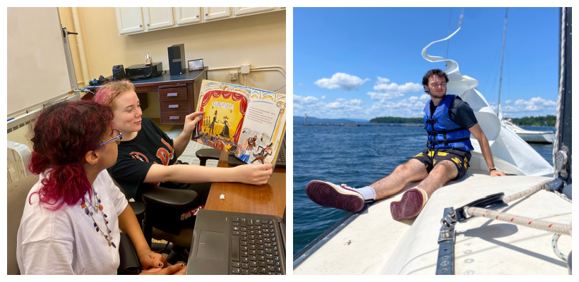 Collage of two photos: students studying children's lit and a student on a sailboat with a blue sky
