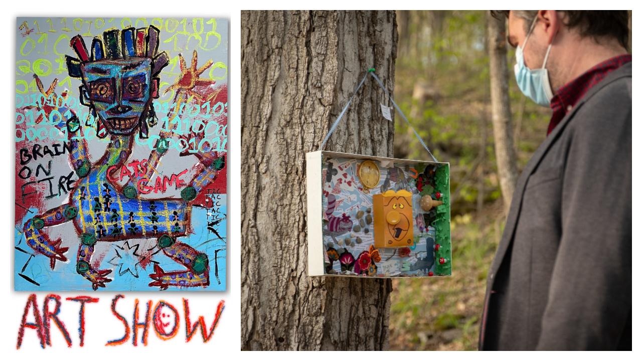 Collage of a painting and a photo of a person admiring art a the 2022 Art Show