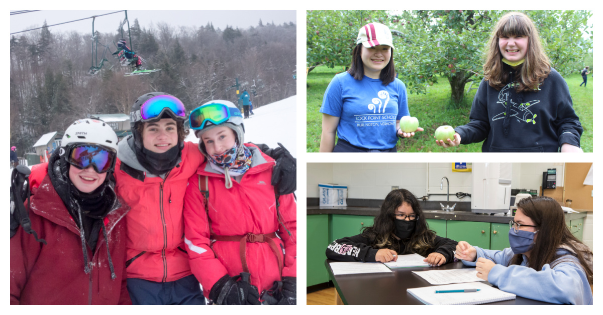 Photo collage of students skiing and snowboarding, apple picking, and working together in science class.