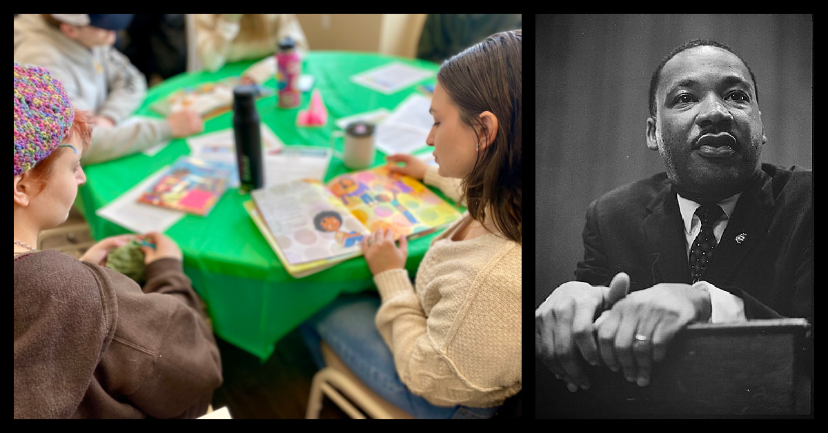 Collage of students reading a book and a portrait of Dr. Martin Luther King, jr.