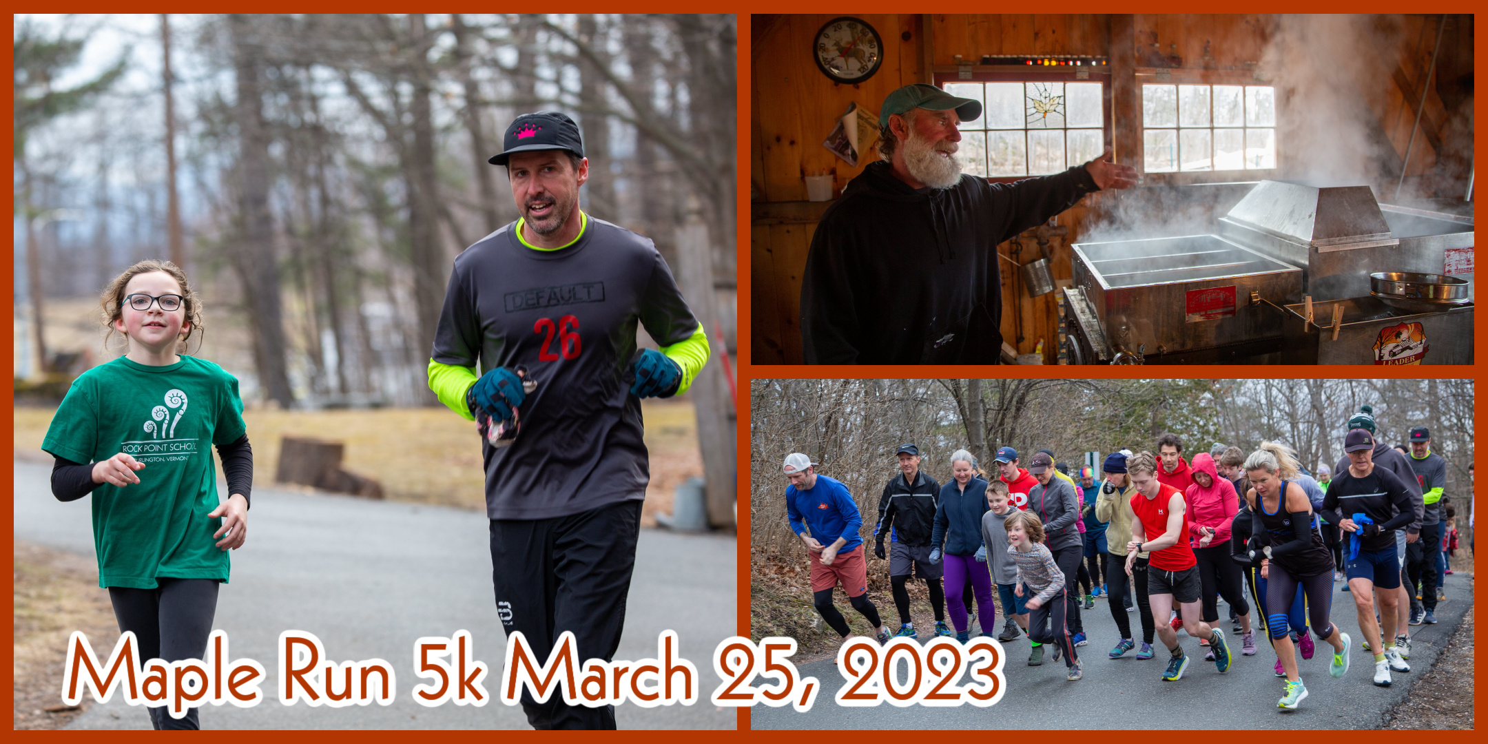 Collage of runners at the 2022 Maple 5k and an inside view of our sugarhouse