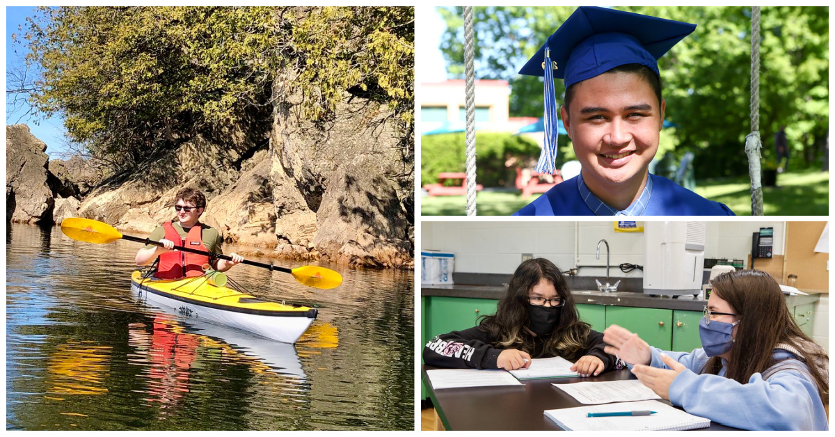 Photo collage of students kayaking, in class, and at graduation.