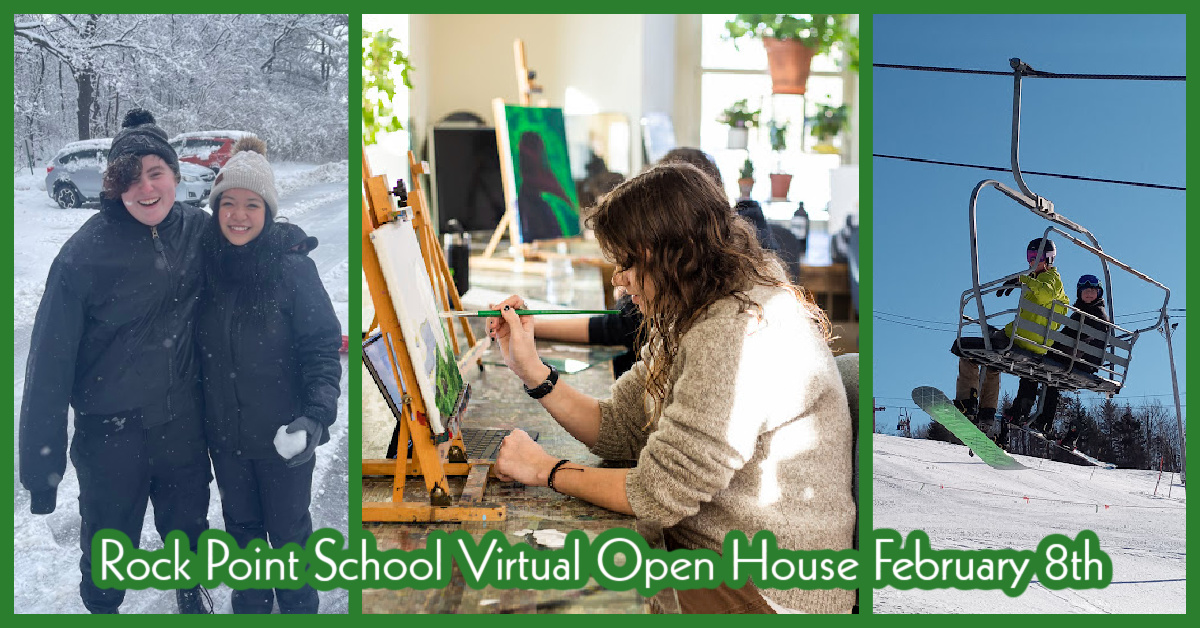 Collage of three photos: two students in snow, student painting in art class, and two students on a chair lift.