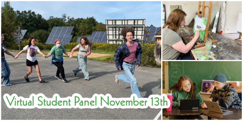 Collage of photos of students running outside, painting a bird, and working with a teacher on laptops
