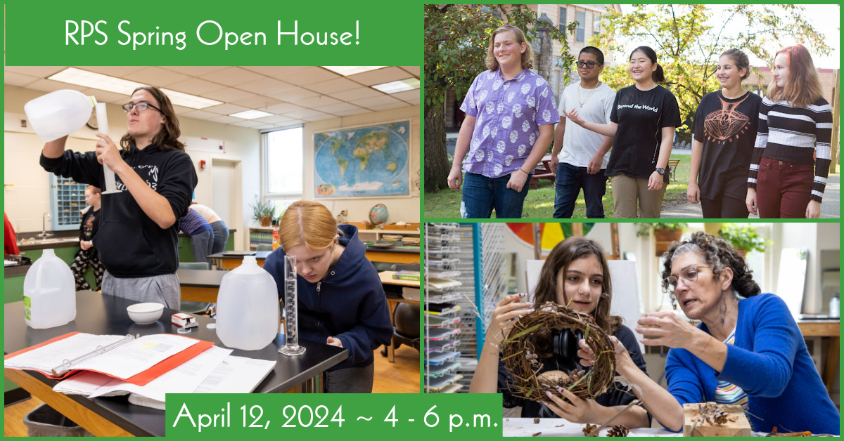 collage of photos - two students work on a science lab, teacher and student work on an art project, and several students take a walk on campus