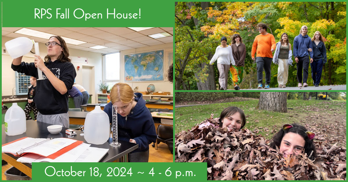 Collage of photos: students in science, student on a fall walk, students playing in leaves