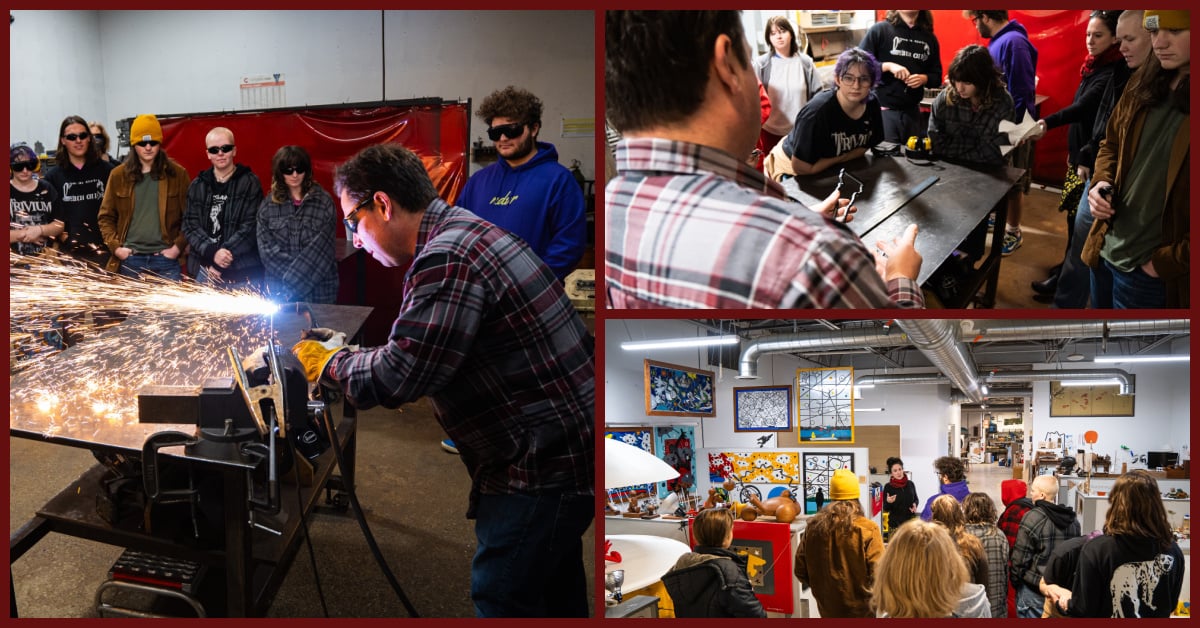 Collage of students touring Generator and watching a metal worker use a plasma cutter.