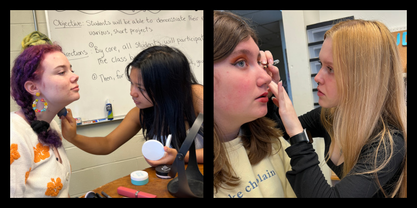 Collage of two photos of students practicing their makeup techniques on eachother