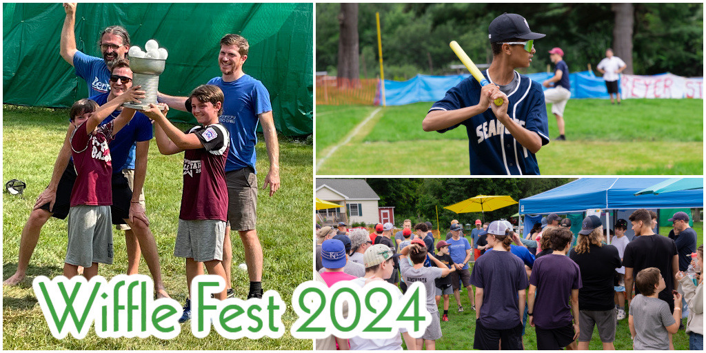 Collage of wiffle fest champs, a batter, and the crowd at lunch